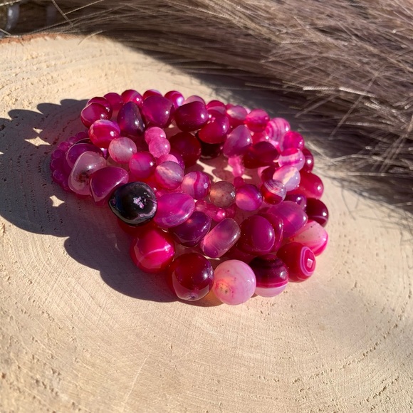 Natural Pink Striped Agate & Genuine Tourmaline Pink Quartz Gemstone Bracelet - Picture 10 of 15